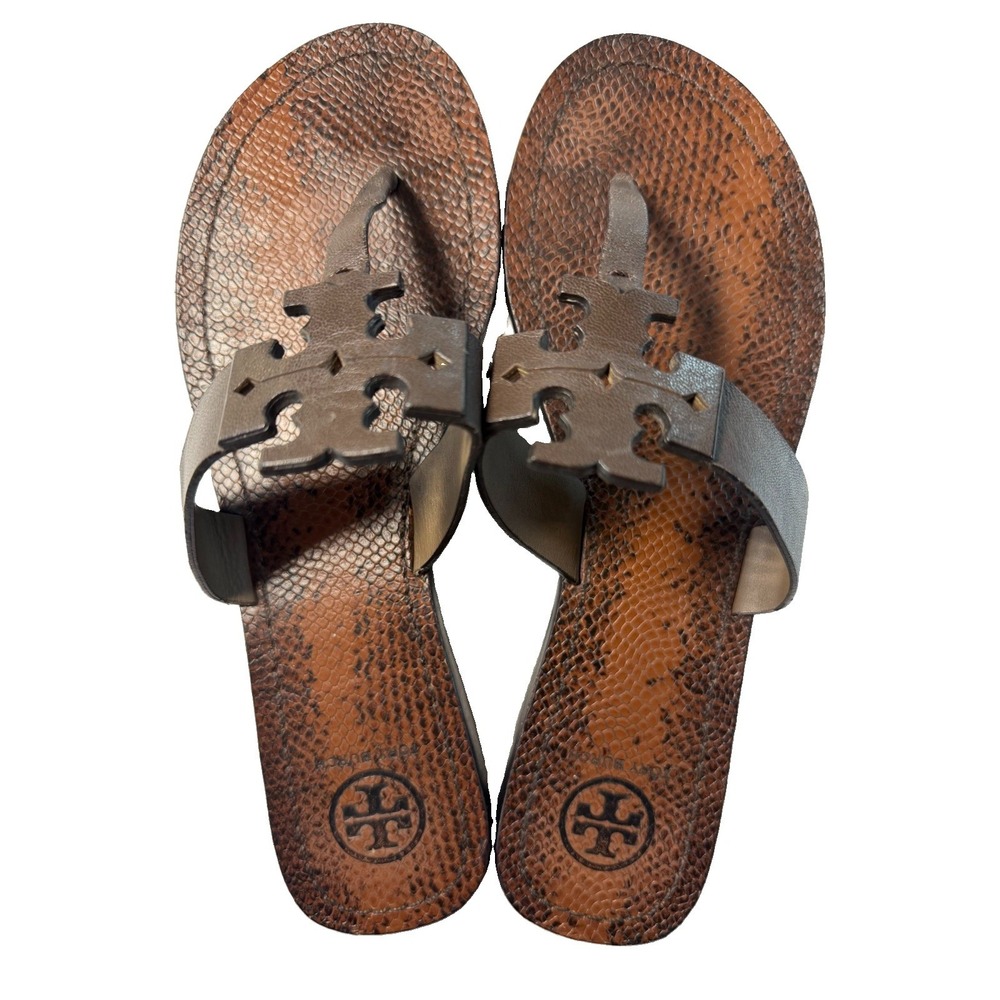 Tory Burch Miller Sandals Women Brown Snake Print Leather Thong 7.5 S/N32341